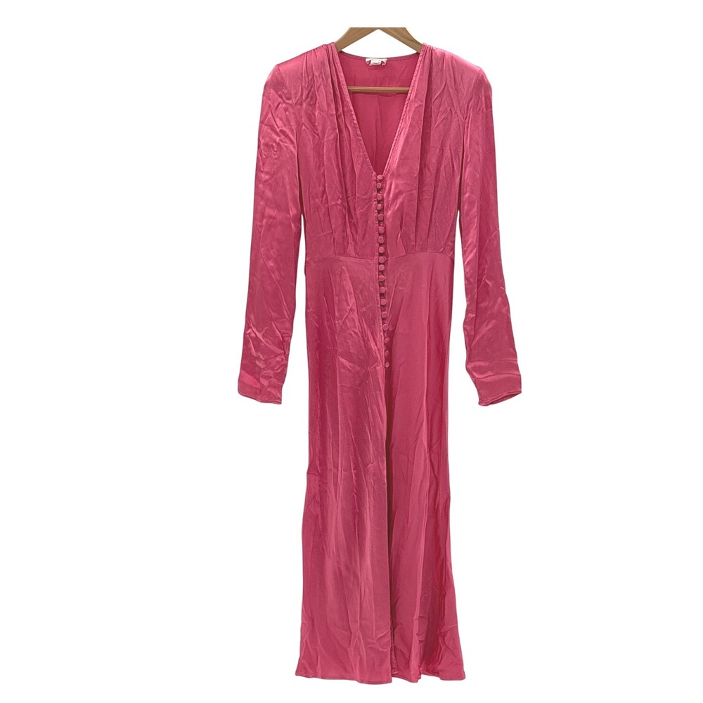 Ghost London Meryl Midi Dress Button Fairycore‎ V Neck Satin XS Pink Long Sleeve